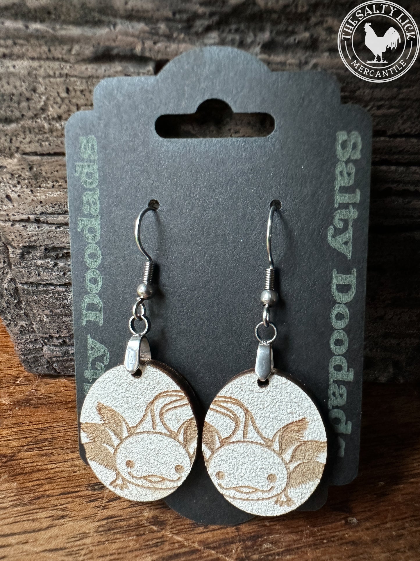 Axolotl on 1/8" Painted Birch Dangle Earrings - The Salty Lick Mercantile
