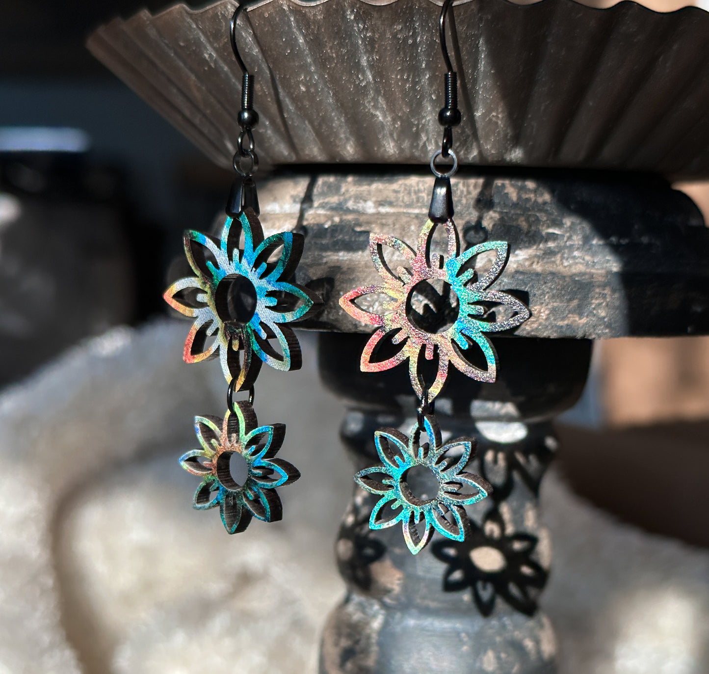 Double Flower Design on 1/8" MDF Double Sided Design Dangle Earrings - The Salty Lick Mercantile