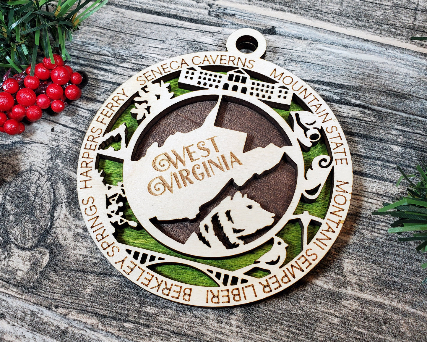 West Virginia State Wood 2 Layer Ornament