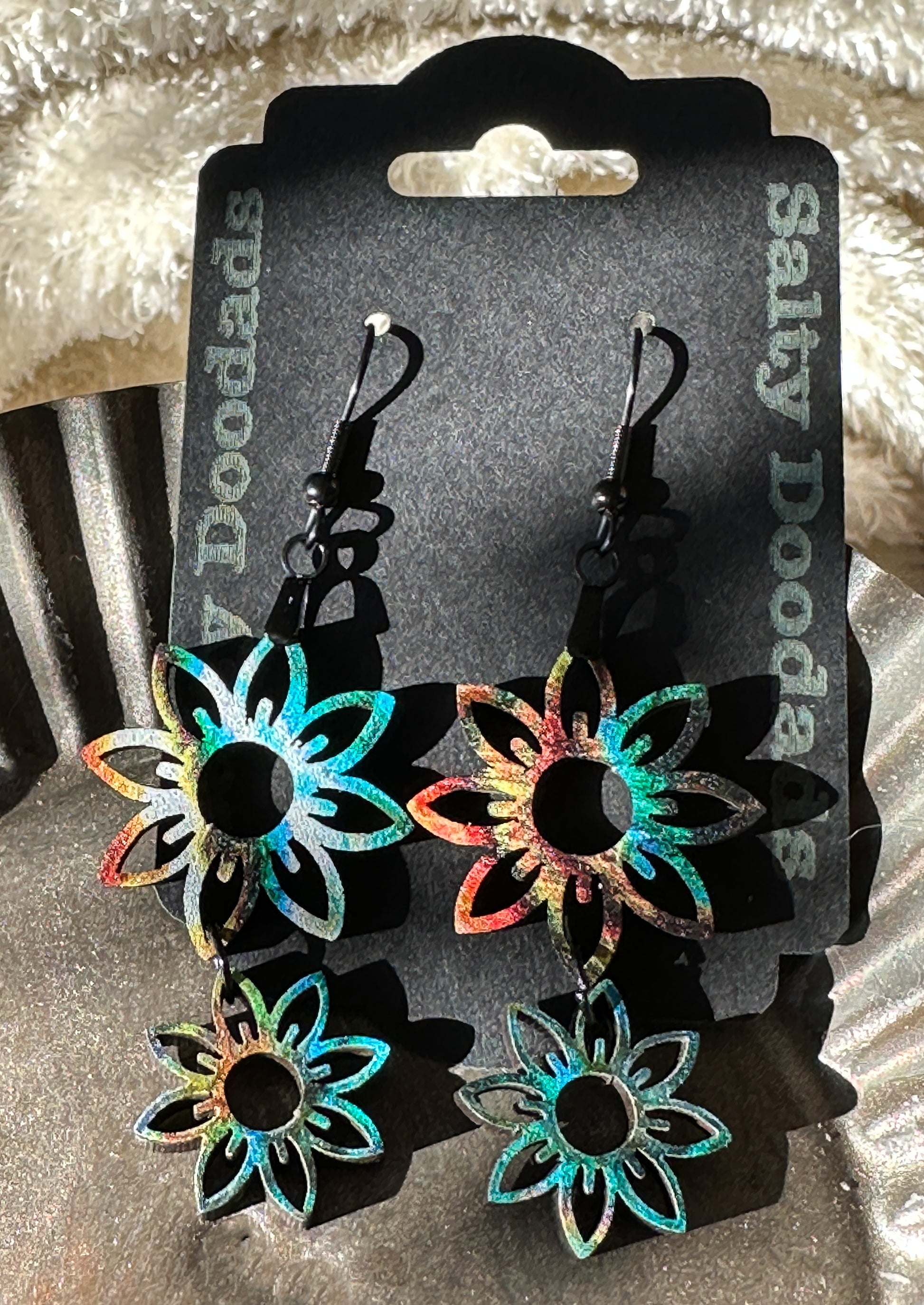 Double Flower Design on 1/8" MDF Double Sided Design Dangle Earrings - The Salty Lick Mercantile