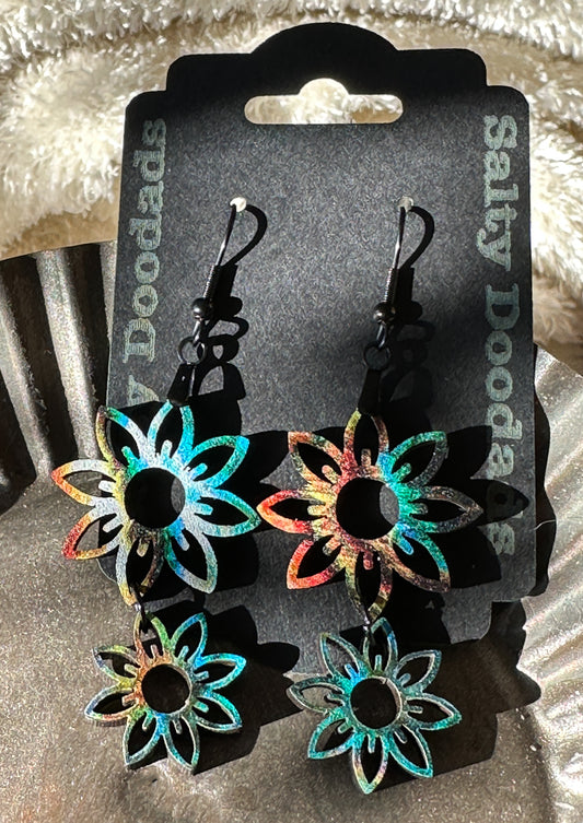 Double Flower Design on 1/8" MDF Double Sided Design Dangle Earrings