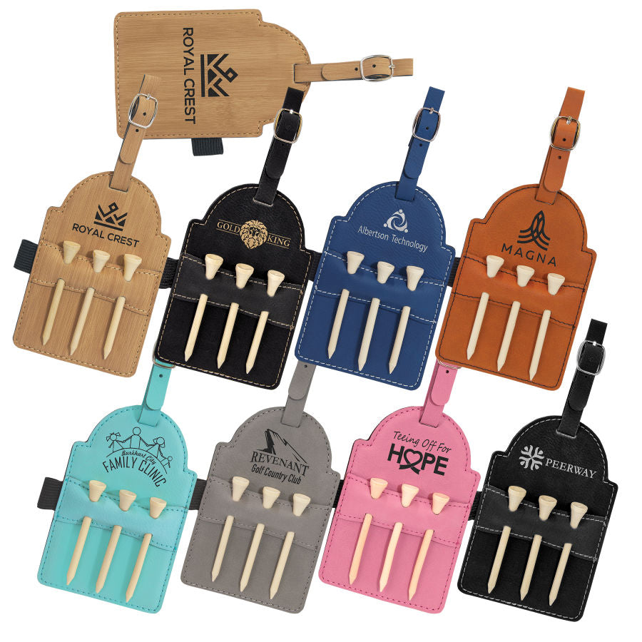 5" x 3 1/4" Laserable Leatherette Golf Bag Tag with 3 Wooden Tees - The Salty Lick Mercantile