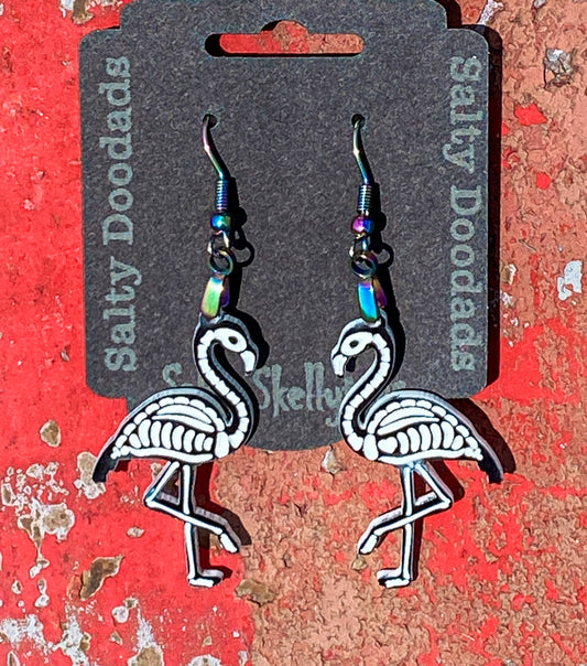 Flamingo Halloweener Skeleton Dangle Earrings