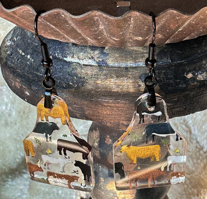 Cow Tag Shaped Acrylic Cow Print Earrings