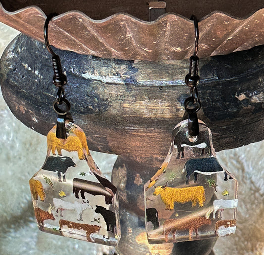 Cow Tag Shaped Acrylic Cow Print Earrings