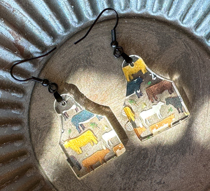 Cow Tag Shaped Acrylic Cow Print Earrings